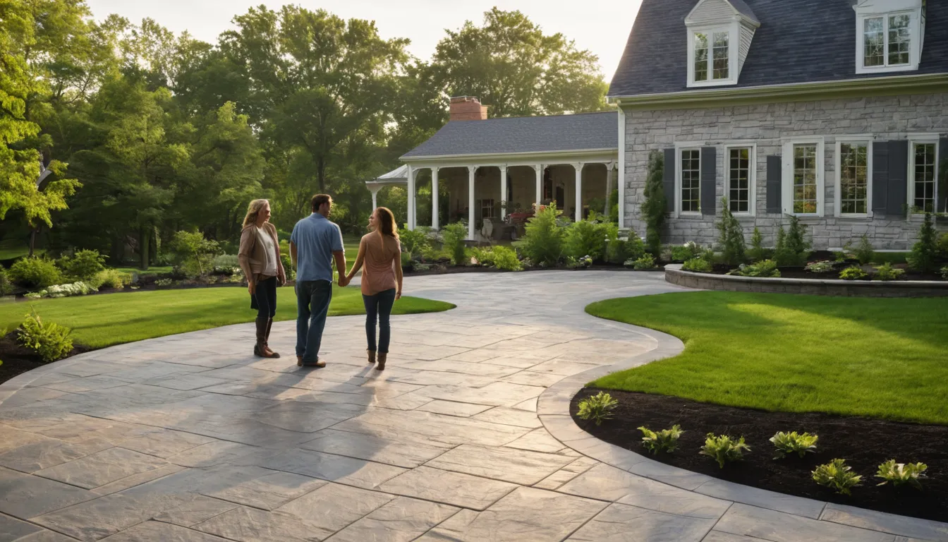 Homeowners admiring a newly stamped concrete patio in a Bowie backyard